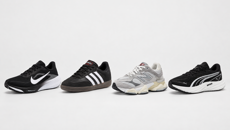 Маратонки Nike Pegasus 42, adidas Samba, New Balance 9060 и Puma Velocity Nitro 5 една до друга